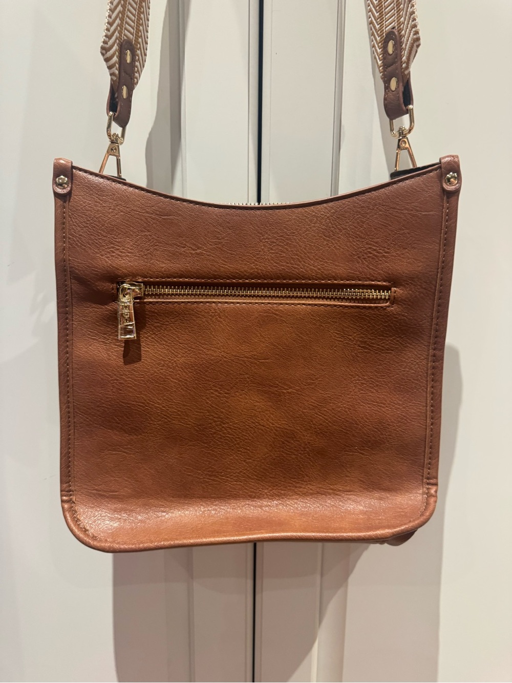 Brown Leather Shoulder Bag with Striped Strap - Picture 7 of 12